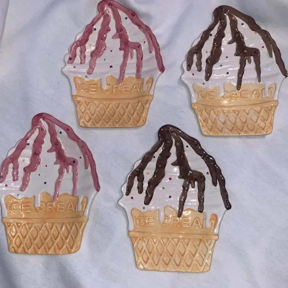 Ice Cream Novelty Serving Platter Plates Living Art 5 Piece Set Brown Pink White